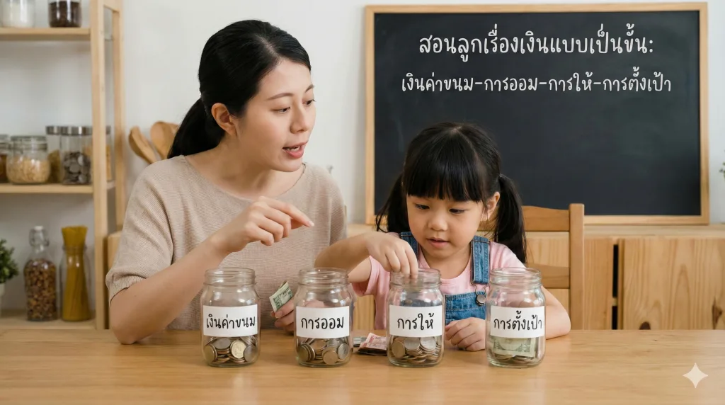 สอนลูกเรื่องเงินแบบเป็นขั้น: เงินค่าขนม-การออม-การให้-การตั้งเป้า