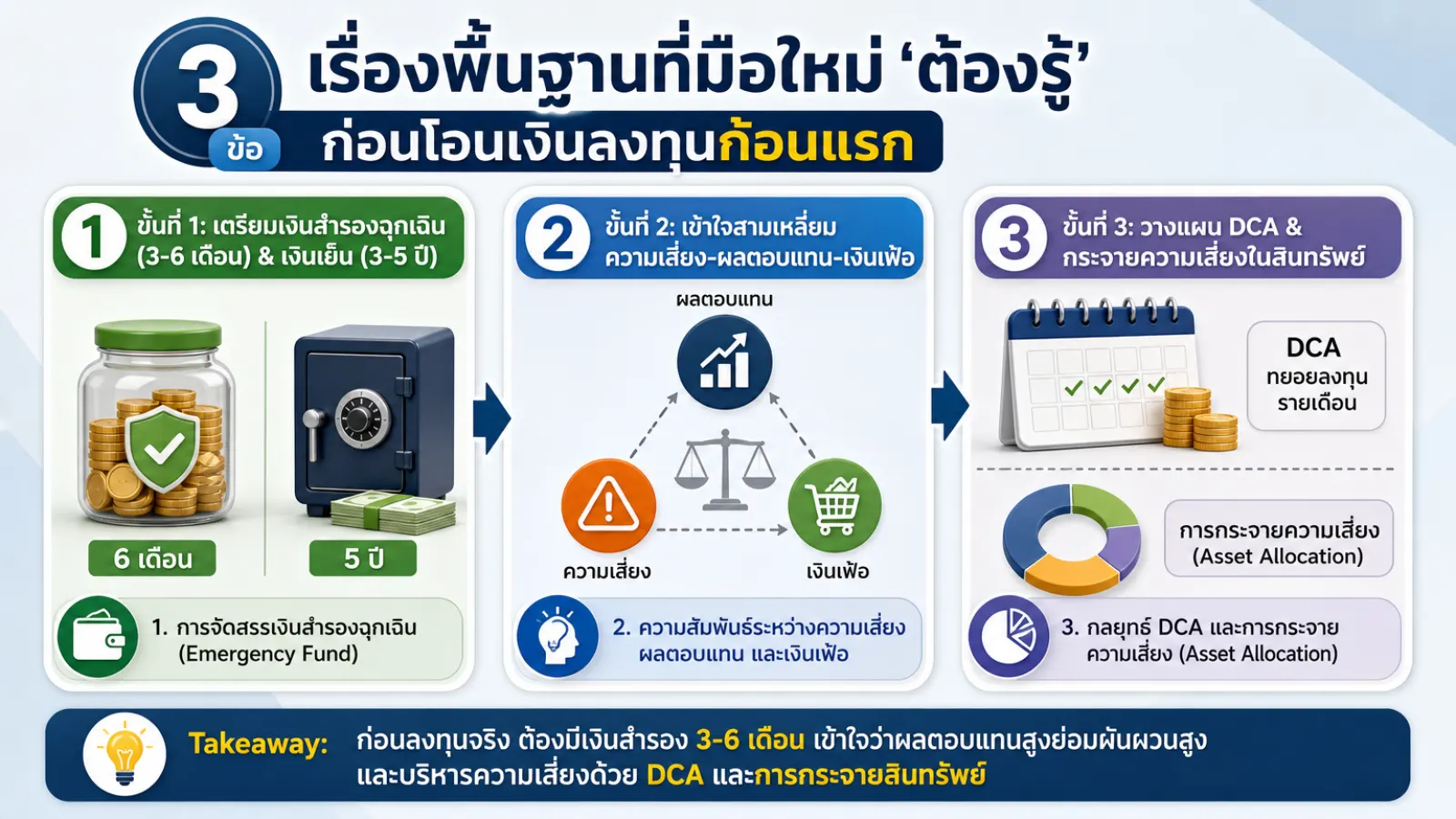 สรุปประเด็น 3 เรื่องพื้นฐานที่มือใหม่ ‘ต้องรู้’ ก่อนโอนเงินลงทุนก้อนแรก ในบทความ ลงทุนอะไรดี 2027-2030 สำหรับมือใหม่