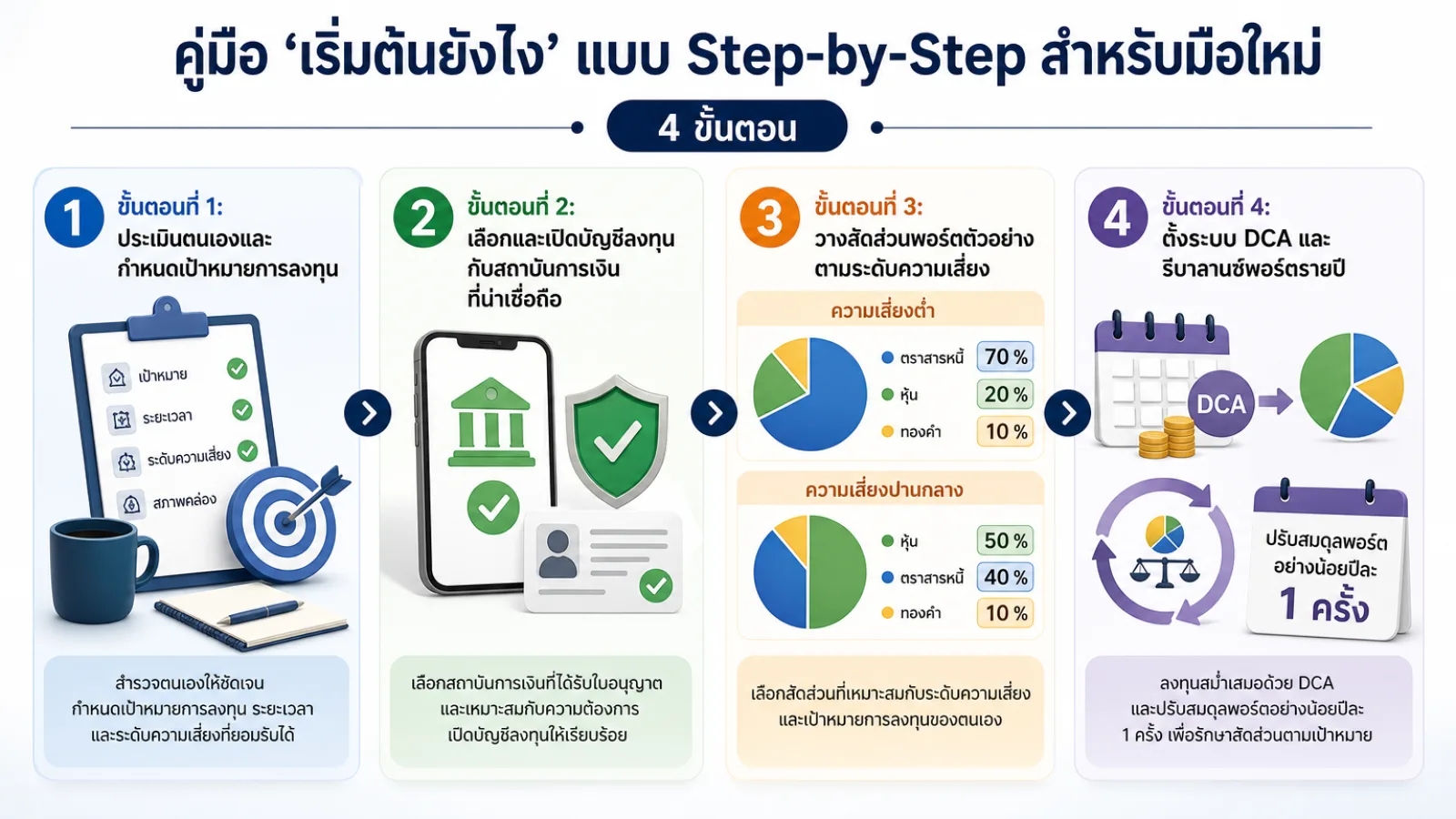 สรุปประเด็น คู่มือ ‘เริ่มต้นยังไง’ แบบ Step-by-Step สำหรับมือใหม่ ในบทความ ลงทุนอะไรดี 2027-2030 สำหรับมือใหม่ เริ่มต้นยังไง