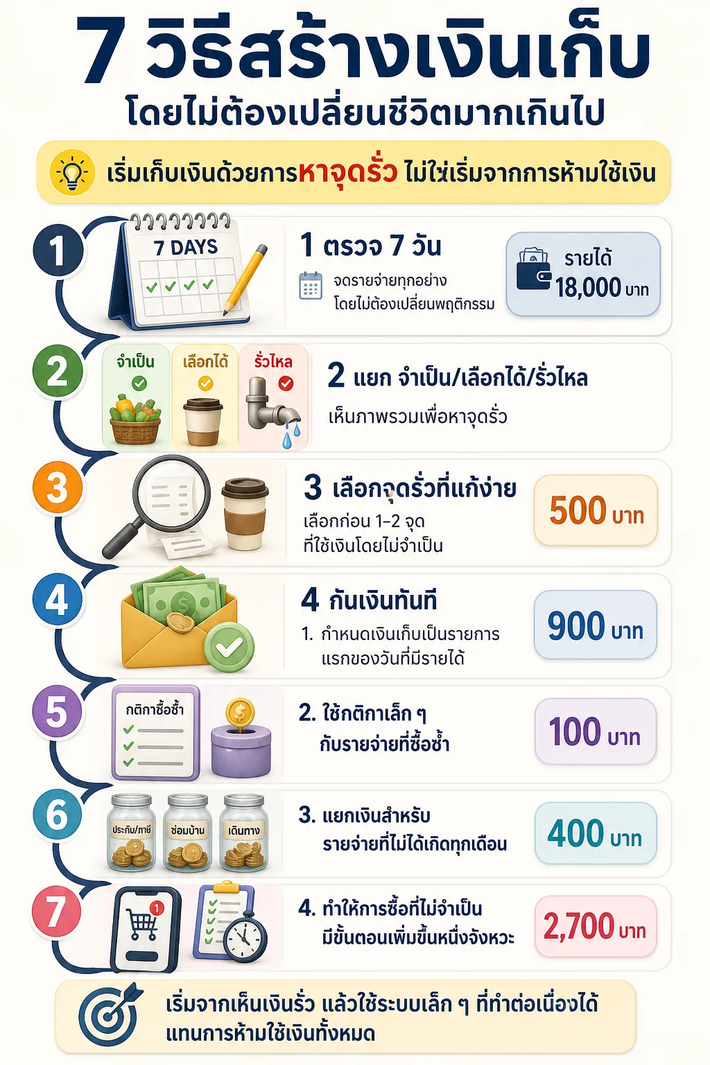 เส้นทาง 4 ช่วง: ตรวจรายจ่าย 7 วัน → เลือกจุดรั่ว → กันเงินทันทีเมื่อมีรายได้ → สรุปภาพรวม: