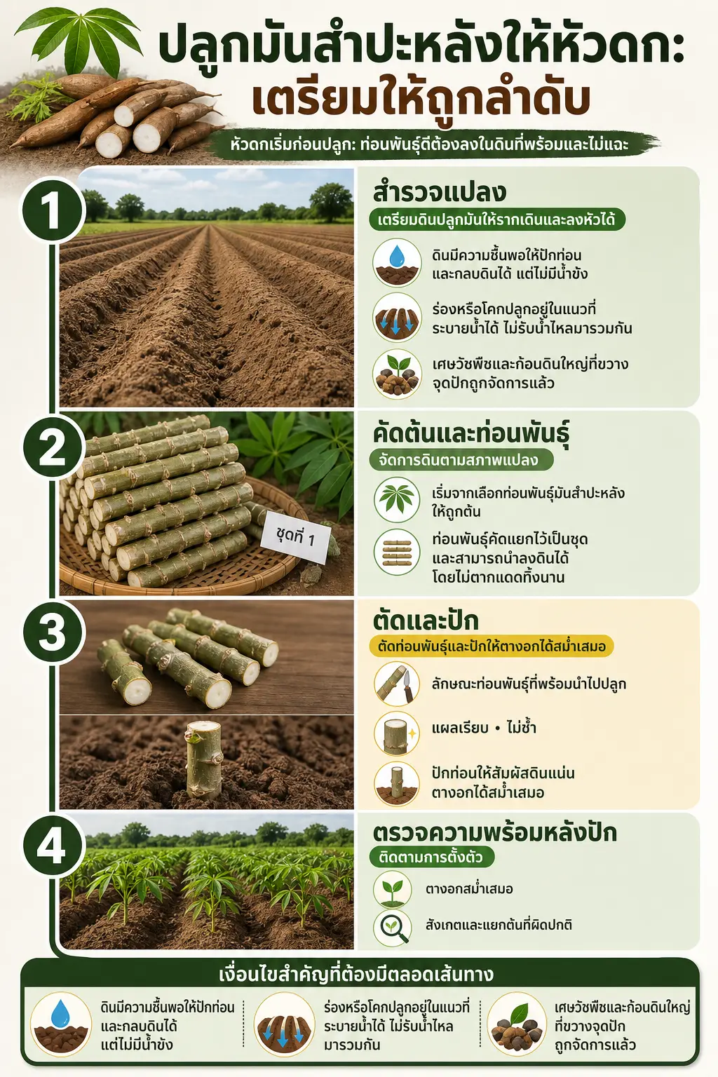 แผนผังเส้นทาง 4 ช่วง: สำรวจแปลง → คัดท่อนพันธุ์ → ตัดและปัก → ตรวจความพร้อมหลังปัก สรุปภาพรวม:
