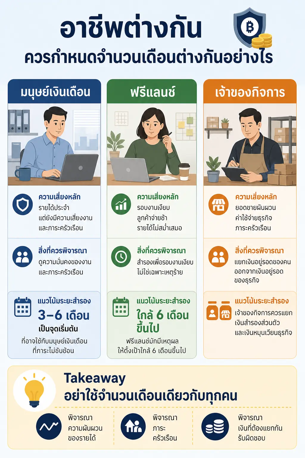 สรุปประเด็น อาชีพต่างกัน ควรกำหนดจำนวนเดือนต่างกันอย่างไร ในบทความ เงินสำรองฉุกเฉินกี่เดือนถึงพอ เมื่อมนุษย์เงินเดือน