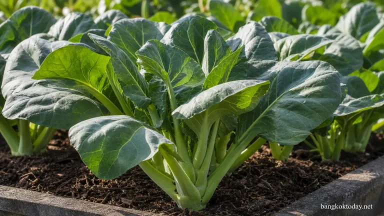 ปลูกคะน้าให้ใบใหญ่ แสดง recognizable Chinese kale (คะน้า/kailan)