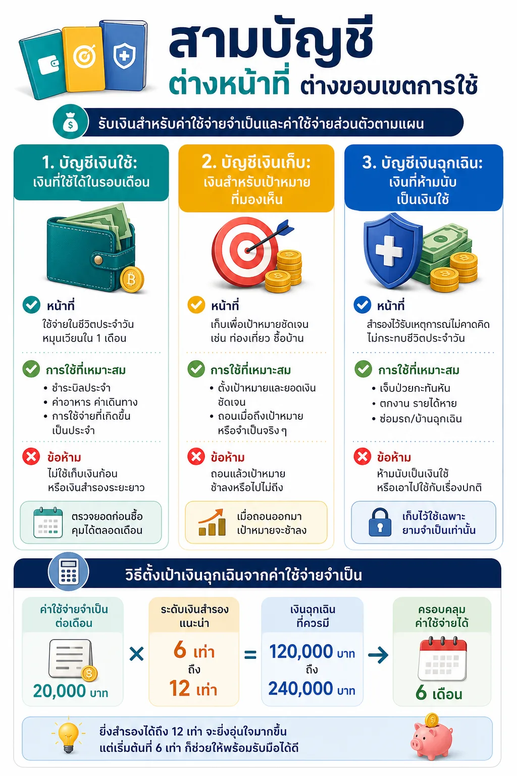 แยกบัญชีเงิน — เปรียบเทียบ 3 คอลัมน์: เงินใช้ เงินเก็บ และเงินฉุกเฉิน โดยให้แต่ละคอลัมน์มีหน้าที่