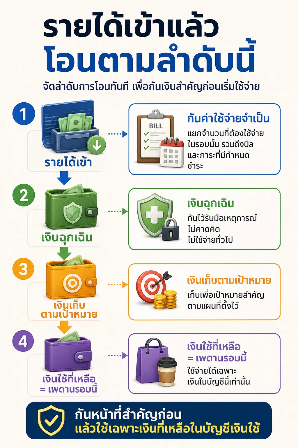 เส้นทาง 4 ขั้นจากรายได้เข้าไปสู่ค่าใช้จ่ายจำเป็น เงินฉุกเฉิน เงินเก็บตามเป้าหมาย วิธีแบ่งเงินเก็บโดยไม่ให้เงิน