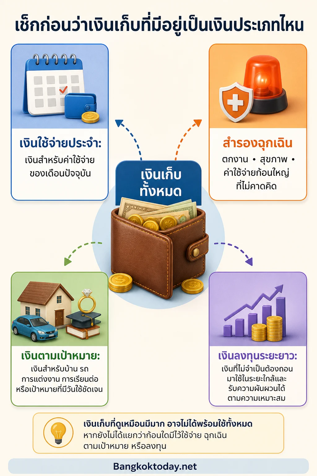 อายุ 30 ควรมีเงินเก็บเท่าไหร่ — วางภาพก้อนเงินหรือกระเป๋าเงินตรงกลาง แล้วแยกออกเป็น 4 ช่องตามหน้าที่