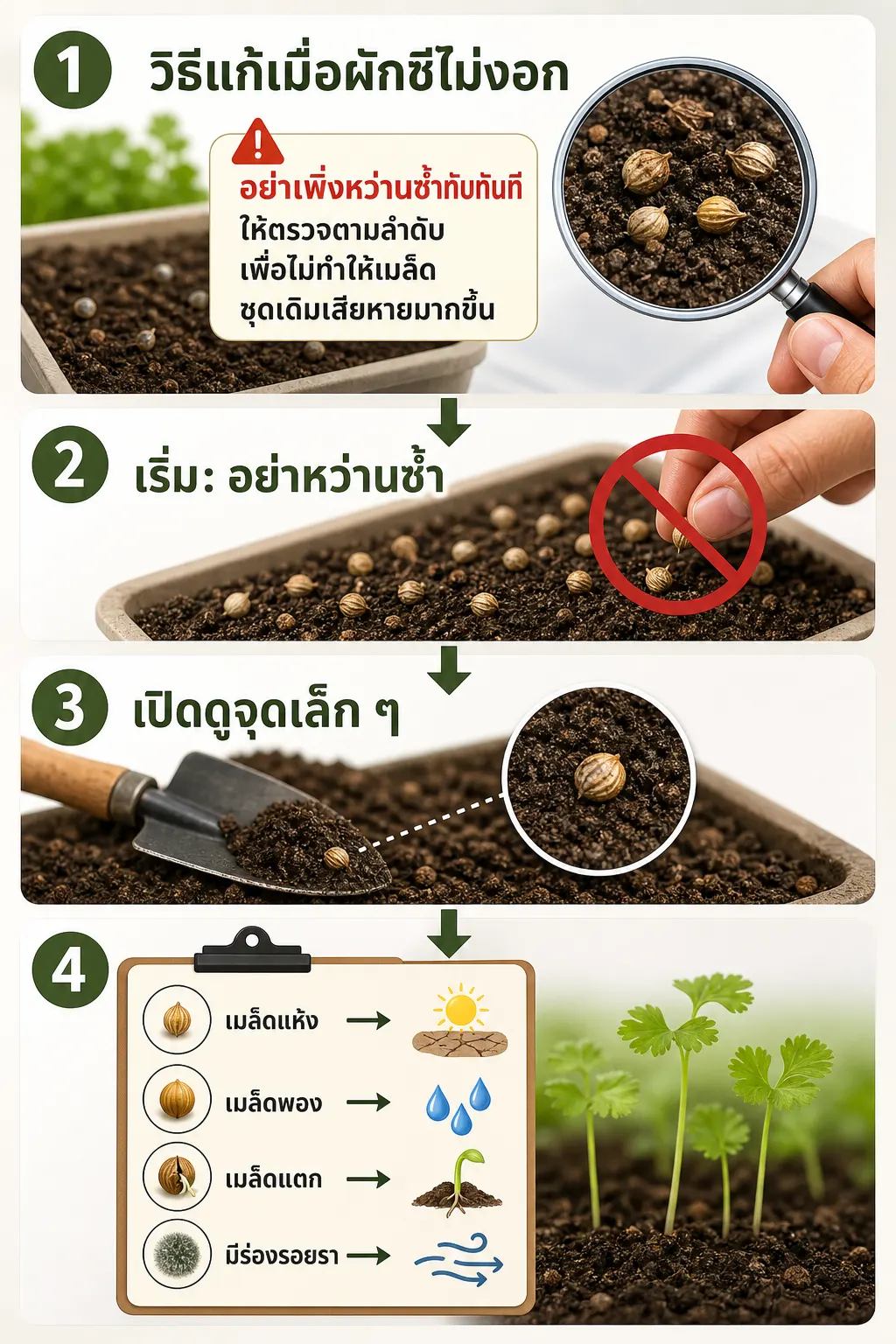 โฟลว์แนวตั้งเริ่มจาก “เปิดดูจุดเล็ก ๆ” แล้วแตกแขนงตามสภาพเมล็ด ความลึก และการระบายน้ำ วิธีแก้เมื่อผักชีไม่งอก