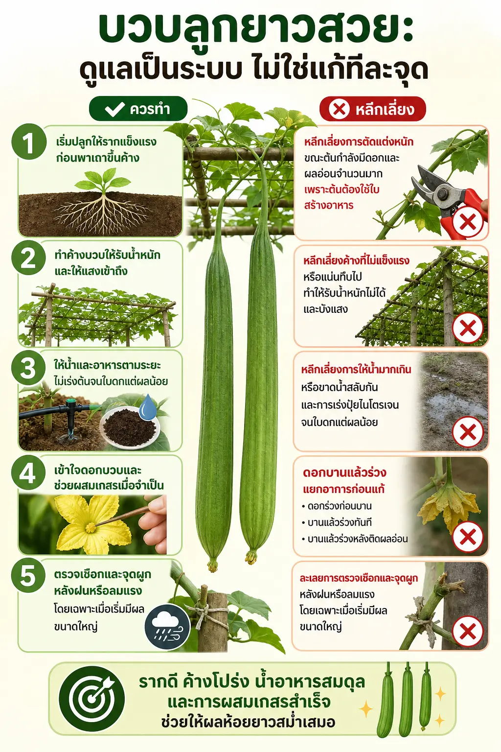 แผนผังระบบ 5 ส่วนเรียงตามวงจรการปลูก เชื่อมเข้าหาผลบวบที่ห้อยตรงกลาง สรุปภาพรวม: วิธีปลูกบวบให้ลูกยาวสวย