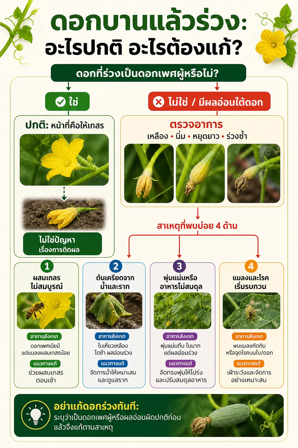วิธีปลูกบวบ — เริ่มด้วยจุดตัดสินใจจากชนิดดอก/ผลใต้ดอก: ดอกเพศผู้ร่วงไปทาง “ปกติ” ดอกบานแล้วร่วง