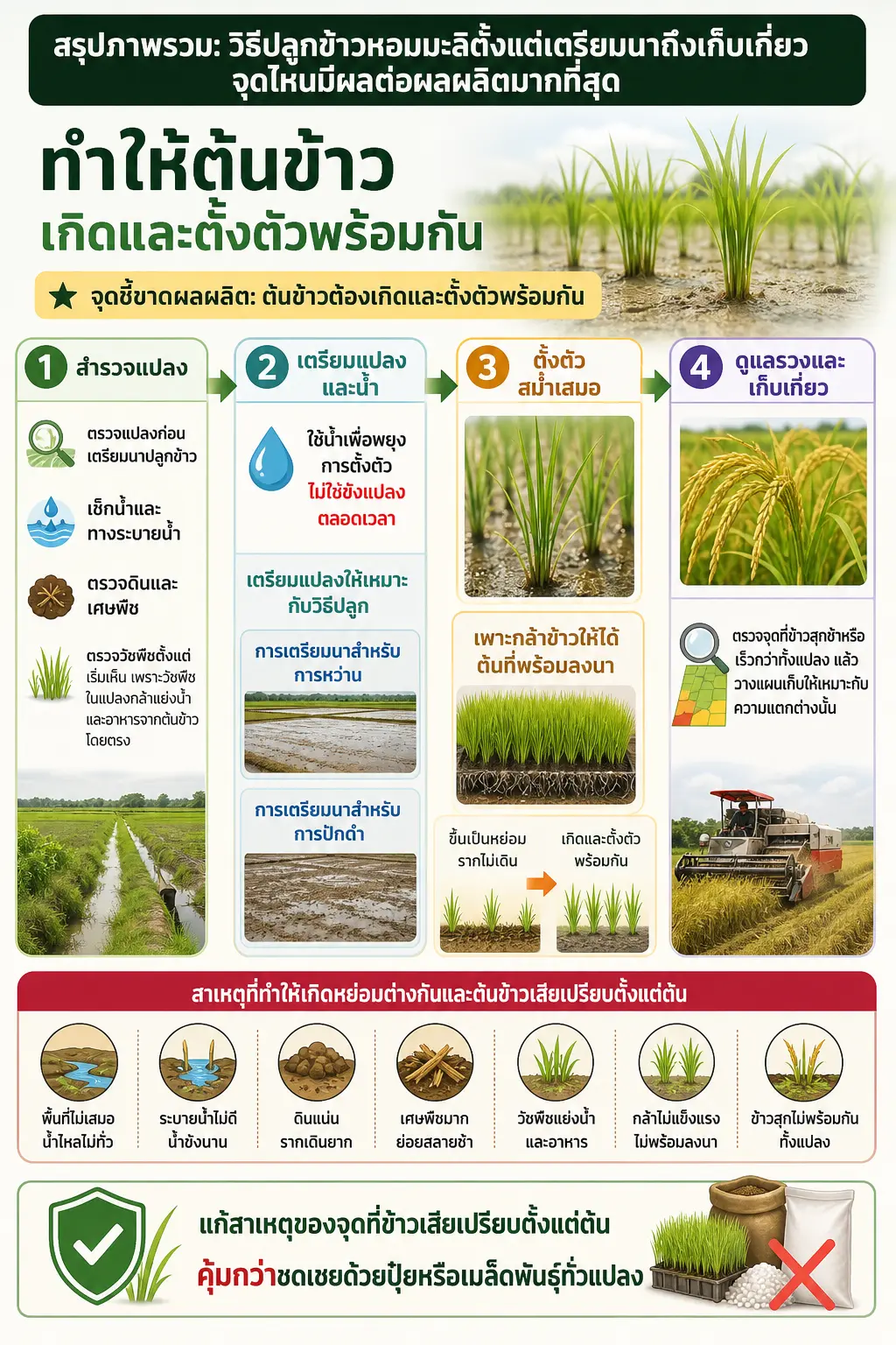 เส้นทางแนวนอน 4 ระยะ: สำรวจแปลง → เตรียมแปลงและน้ำ → ตั้งตัวสม่ำเสมอ → ดูแลรวงและเก็บเกี่ยว สรุปภาพรวม: