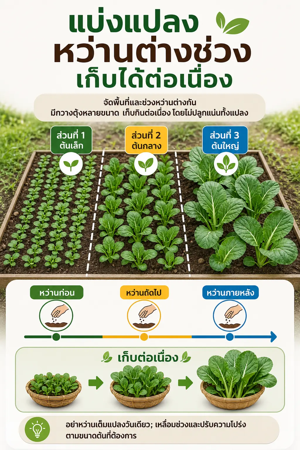 วิธีปลูกกวางตุ้ง — แปลงเดียวแบ่งเป็น 2–3 ส่วนจากซ้ายไปขวา พร้อมไทม์ไลน์การหว่านเหลื่อมกัน: