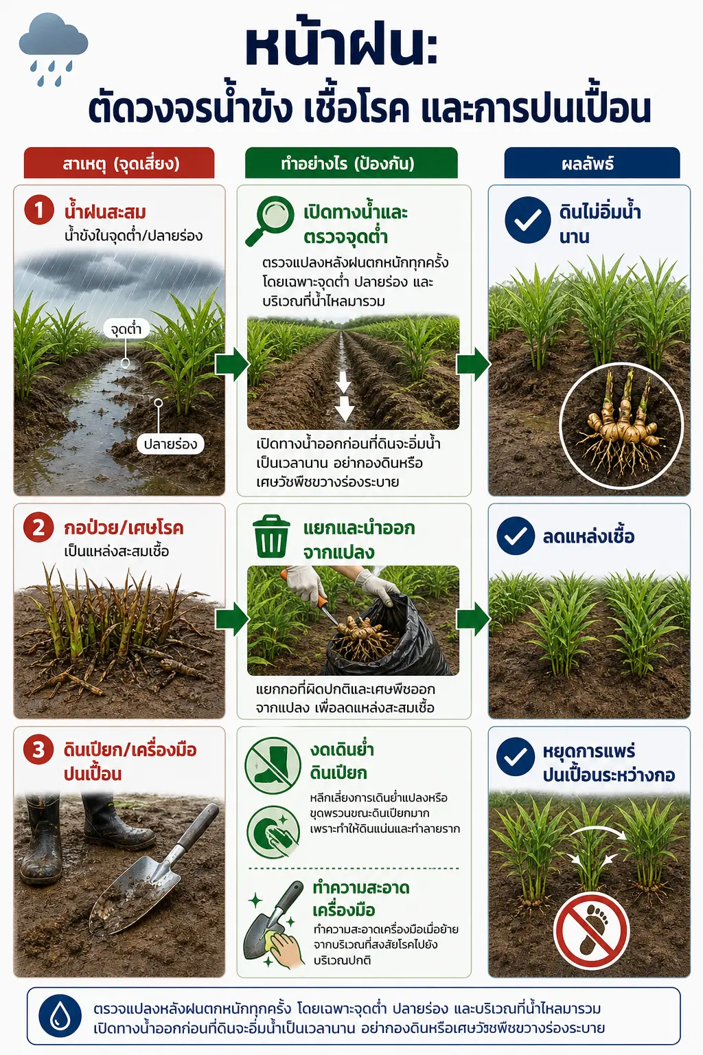 3 วงจรเหตุ→การป้องกัน→ผลลัพธ์: น้ำฝนสะสม→เปิดทางน้ำและตรวจจุดต่ำ→ดินไม่อิ่มน้ำนาน ลดปัญหาขิงเหง้าเน่าในหน้าฝน