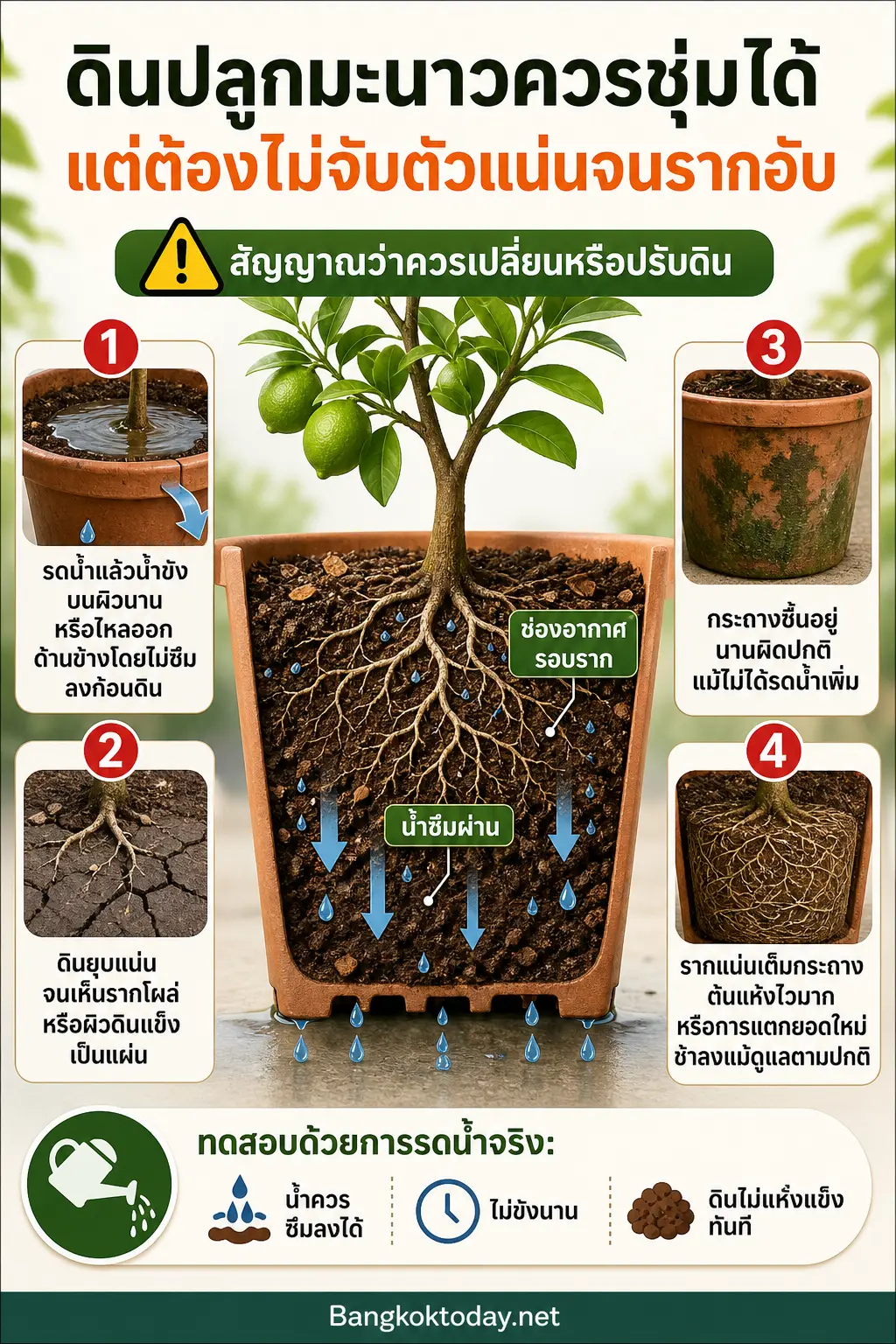 อินโฟกราฟิกอธิบาย ดินปลูกมะนาวควรชุ่มได้ แต่ต้องไม่จับตัวแน่นจนรากอับ