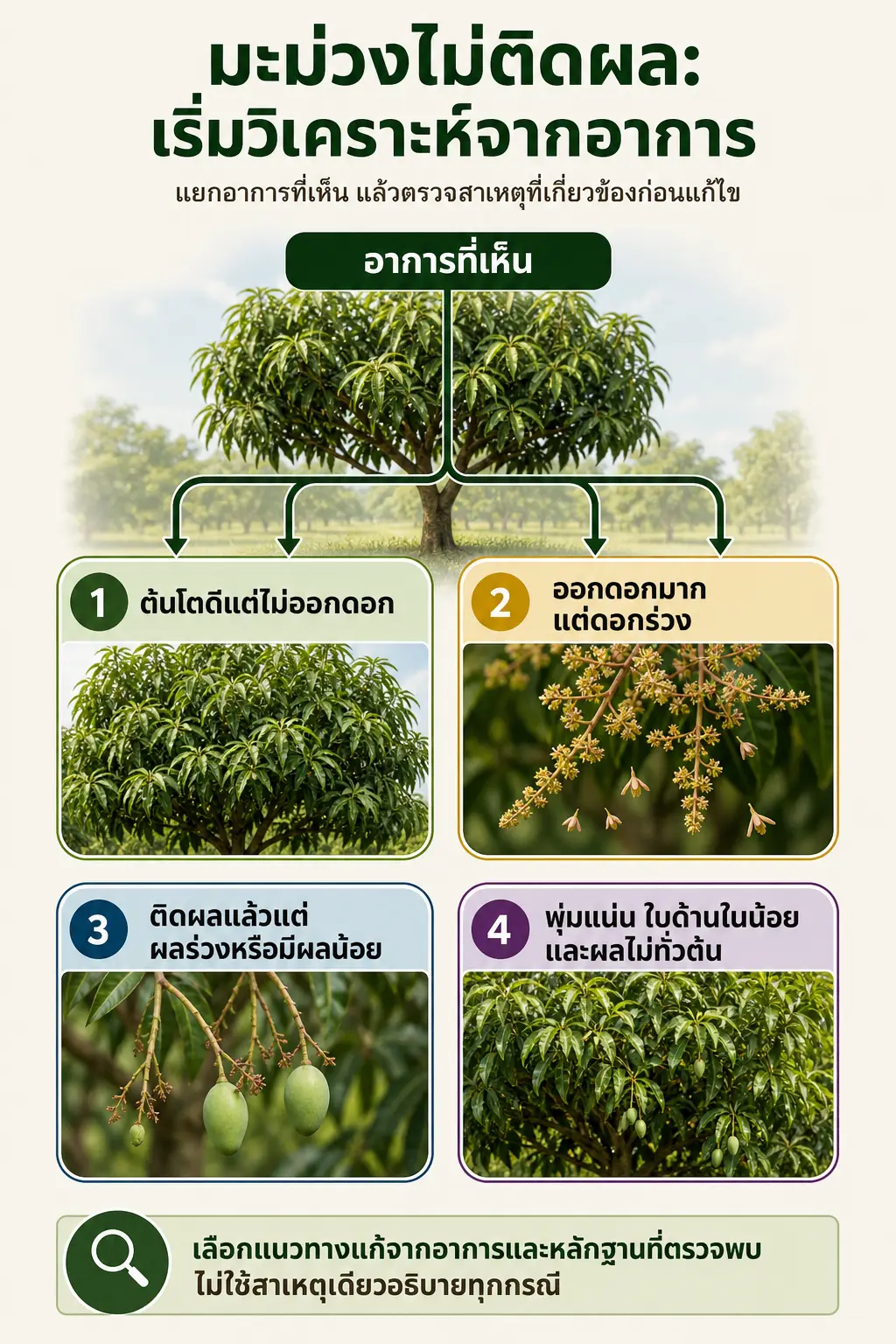 วิธีปลูกมะม่วงน้ำดอกไม้ — ผังตัดสินใจเริ่มที่อาการ 4 ทาง ได้แก่ ไม่ออกดอก, ดอกร่วง, ผลร่วงหรือมีผลน้อย,