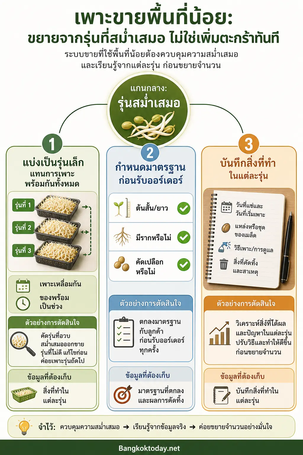 แผนผังระบบ 3 เสาหลักรอบแกนกลาง “รุ่นเล็กที่สม่ำเสมอ”: แบ่งรุ่นเหลื่อมกัน → ปรับระบบสำหรับเพาะถั่วงอกขายในพื้นท