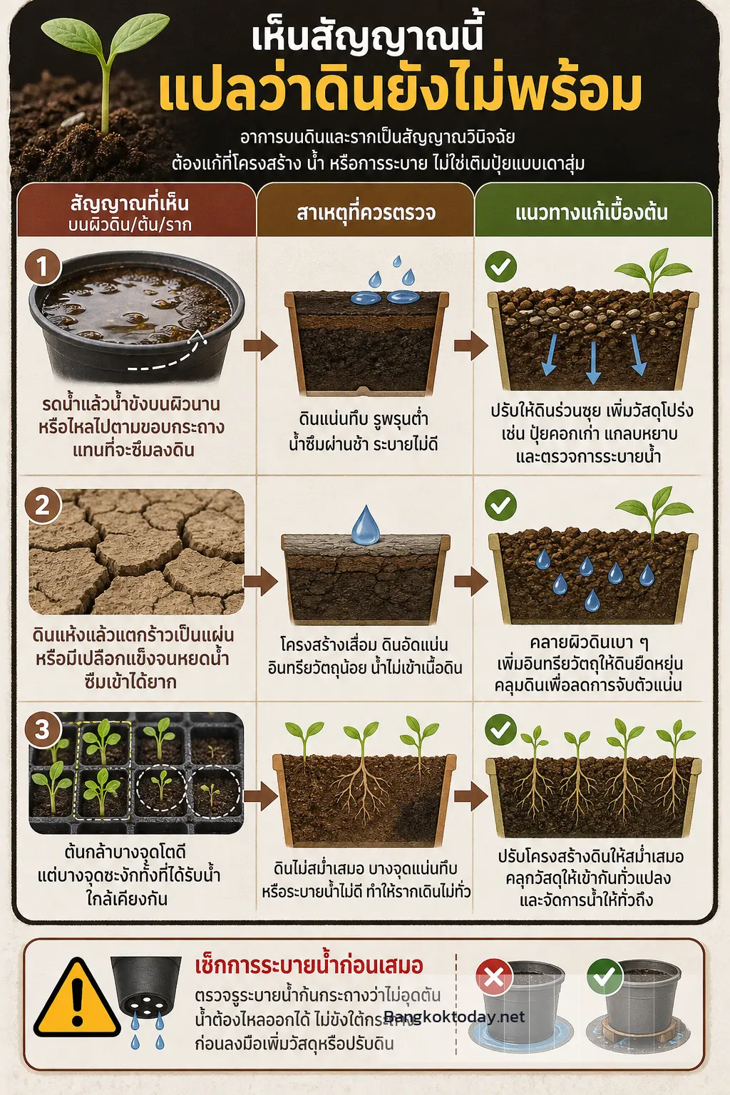 วิธีเตรียมดินปลูกผัก — จัดเป็นแผงสัญญาณ 5 แถว แต่ละแถวเชื่อมจากอาการบนผิวดิน/ต้น/ราก → สาเหตุที่ควรตรวจ →