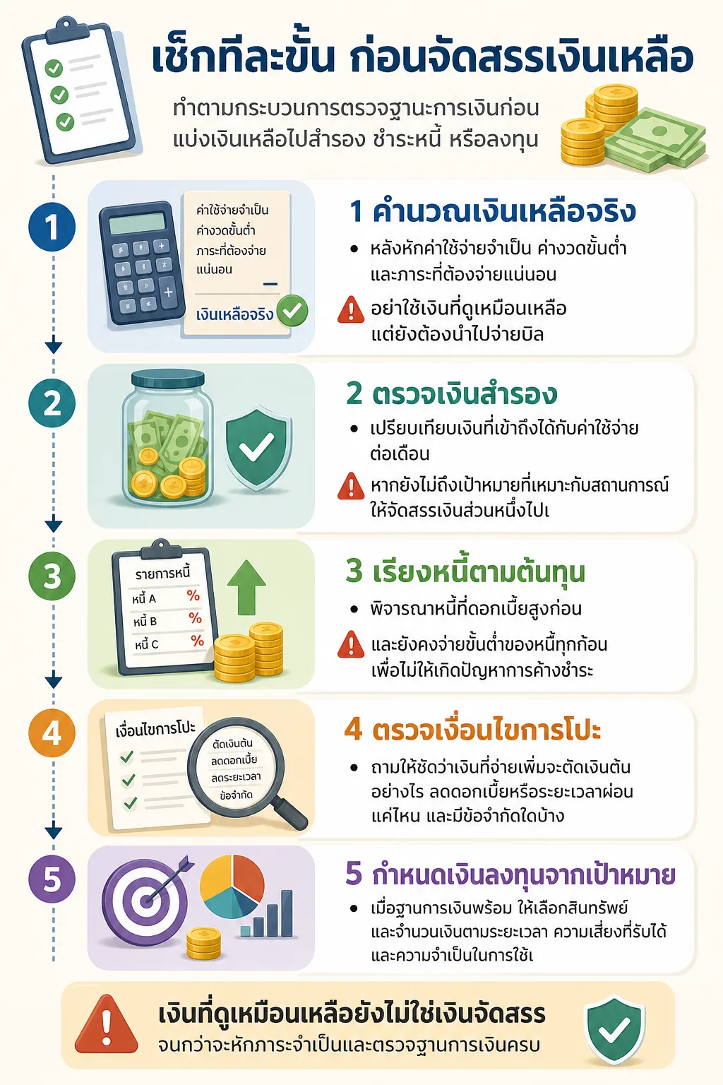 มีเงินเหลือทำอะไรดี — เส้นทาง 5 ขั้นเรียงต่อกันจากการคำนวณเงินเหลือจริงไปสู่การกำหนดเงินลงทุน