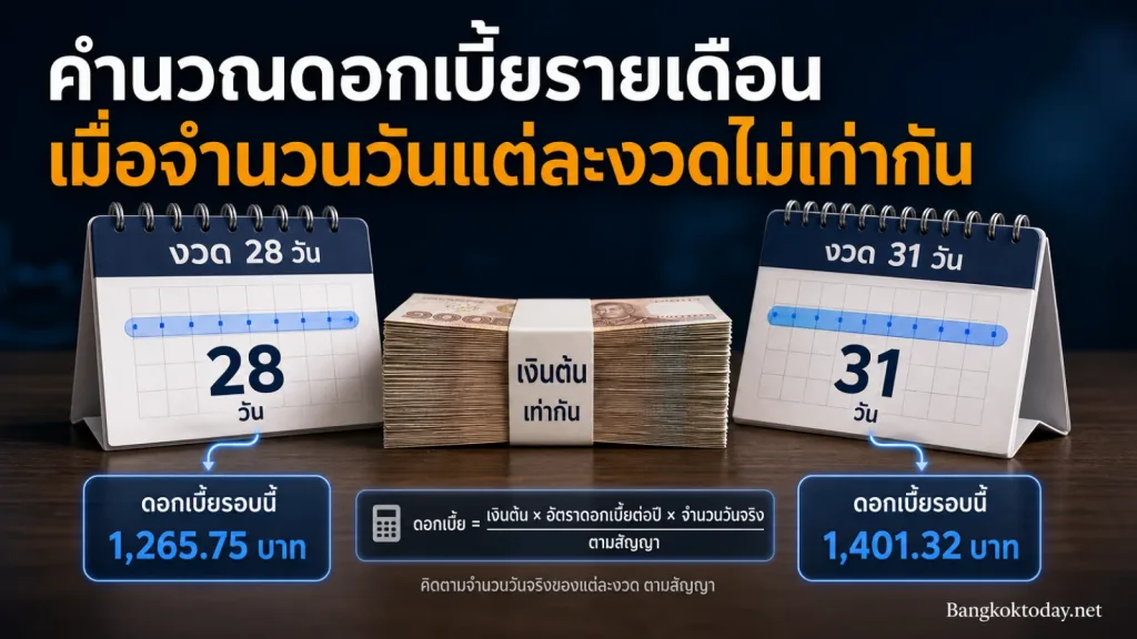 วิธีคิดดอกเบี้ยต่อเดือนจากอัตราต่อปี คำนวณอย่างไรเมื่อแต่ละงวดมีจำนวนวันไม่เท่ากัน