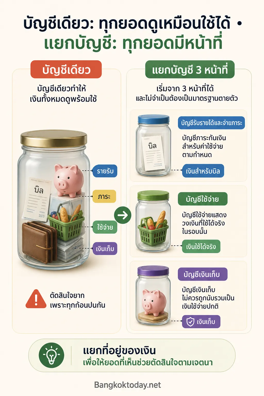 สรุปประเด็น แยกบัญชีเงินเพื่อสร้างเส้นแบ่งก่อนการใช้จ่าย ในบทความ เก็บเงินไม่อยู่มาหลายปี อาจไม่ใช่เพราะไม่มีวินัย