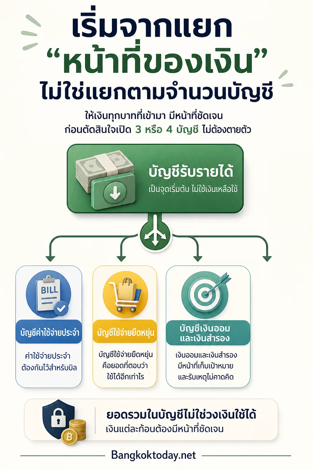 สรุปประเด็น เริ่มจากแยก “หน้าที่ของเงิน” ไม่ใช่แยกตามจำนวนบัญชี ในบทความ แยกบัญชีเงินแล้วชีวิตง่ายขึ้นจริงไหม