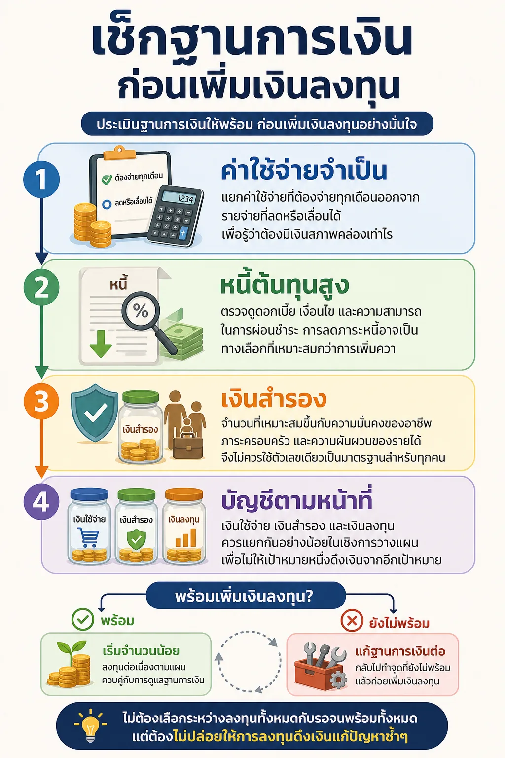 เริ่มลงทุนตอนอายุ 40,ลงทุนวัย 40,วางแผนเกษียณวัย 40,จัดพอร์ตตามอายุ — ผังตัดสินใจ 4 จุด เริ่มจากค่าใช้จ่ายจำเป