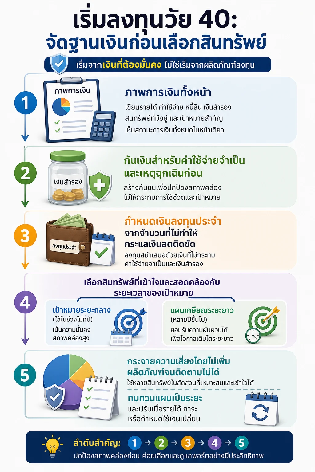 เริ่มลงทุนตอนอายุ 40,ลงทุนวัย 40,วางแผนเกษียณวัย 40,จัดพอร์ตตามอายุ — เส้นทาง 5 ขั้นจากภาพการเงินทั้งหน้าไปสู่