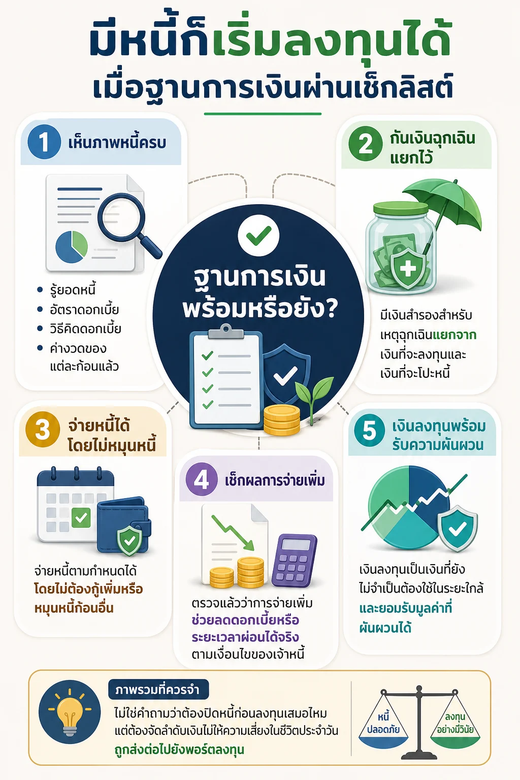 ฉากเดียวเป็นแผงเช็กลิสต์ล้อมรอบจุดศูนย์กลาง “ฐานการเงินพร้อมหรือยัง?” จัดรายการตามลำดับการตร