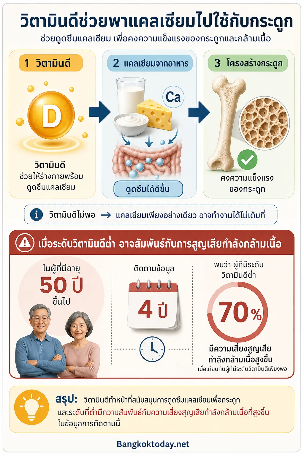 ฉากเดียวแบบแผนผังร่างกายเชิงอธิบาย: วางวิตามินดีเป็นจุดเริ่มทางซ้าย เชื่อมลูกศรไปยังการดูดซึ