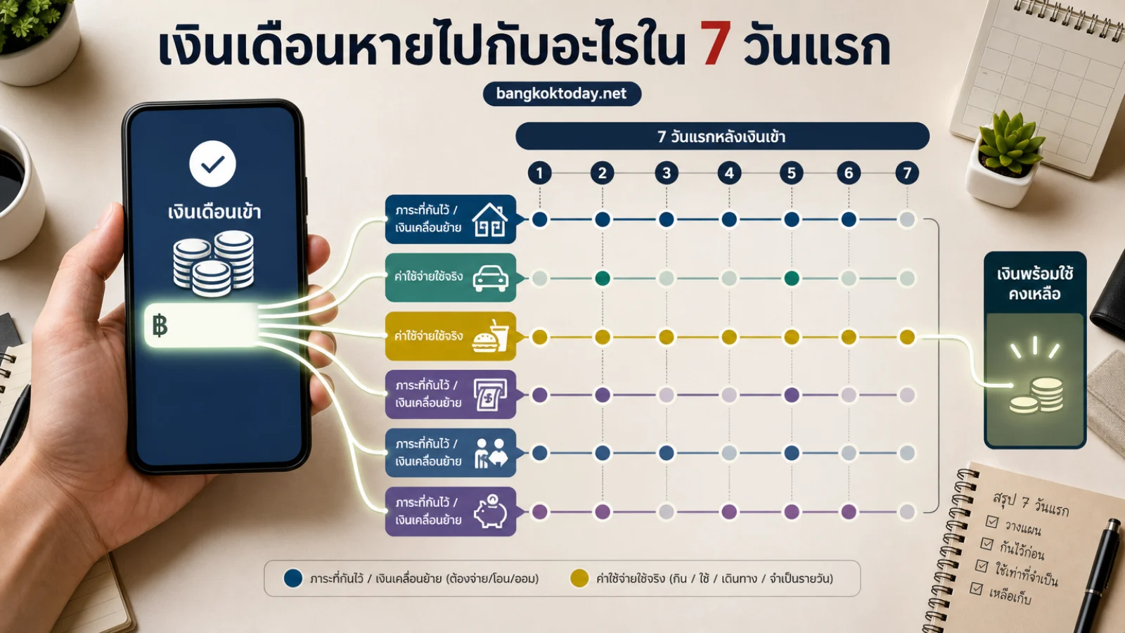 ภาพประกอบเชิงบรรณาธิการเกี่ยวกับ เงินเดือนหมดเร็วทั้งที่ไม่ได้ซื้อของแพง เงินหายไปกับอะไรใน 7 วันแรกหลังเงินออก