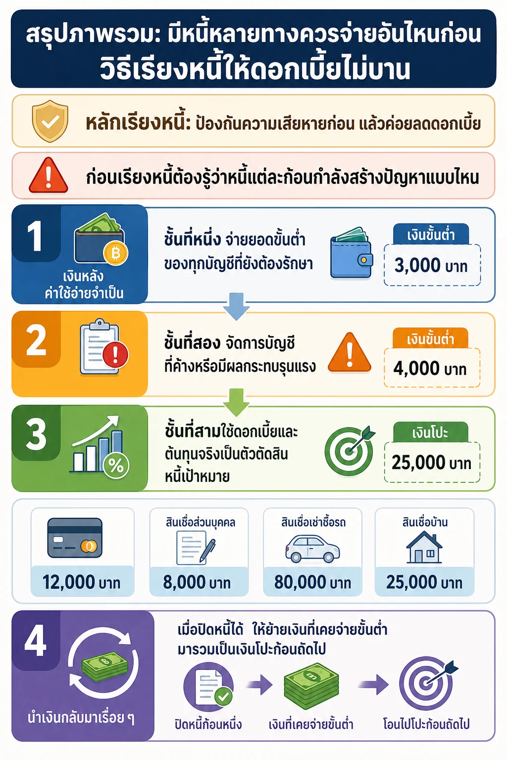 ผังตัดสินใจจากเงินหลังค่าใช้จ่ายจำเป็น → จ่ายขั้นต่ำทุกบัญชี → ตรวจบัญชีค้างหรือผลกระทบรุนแร สรุปภาพรวม: