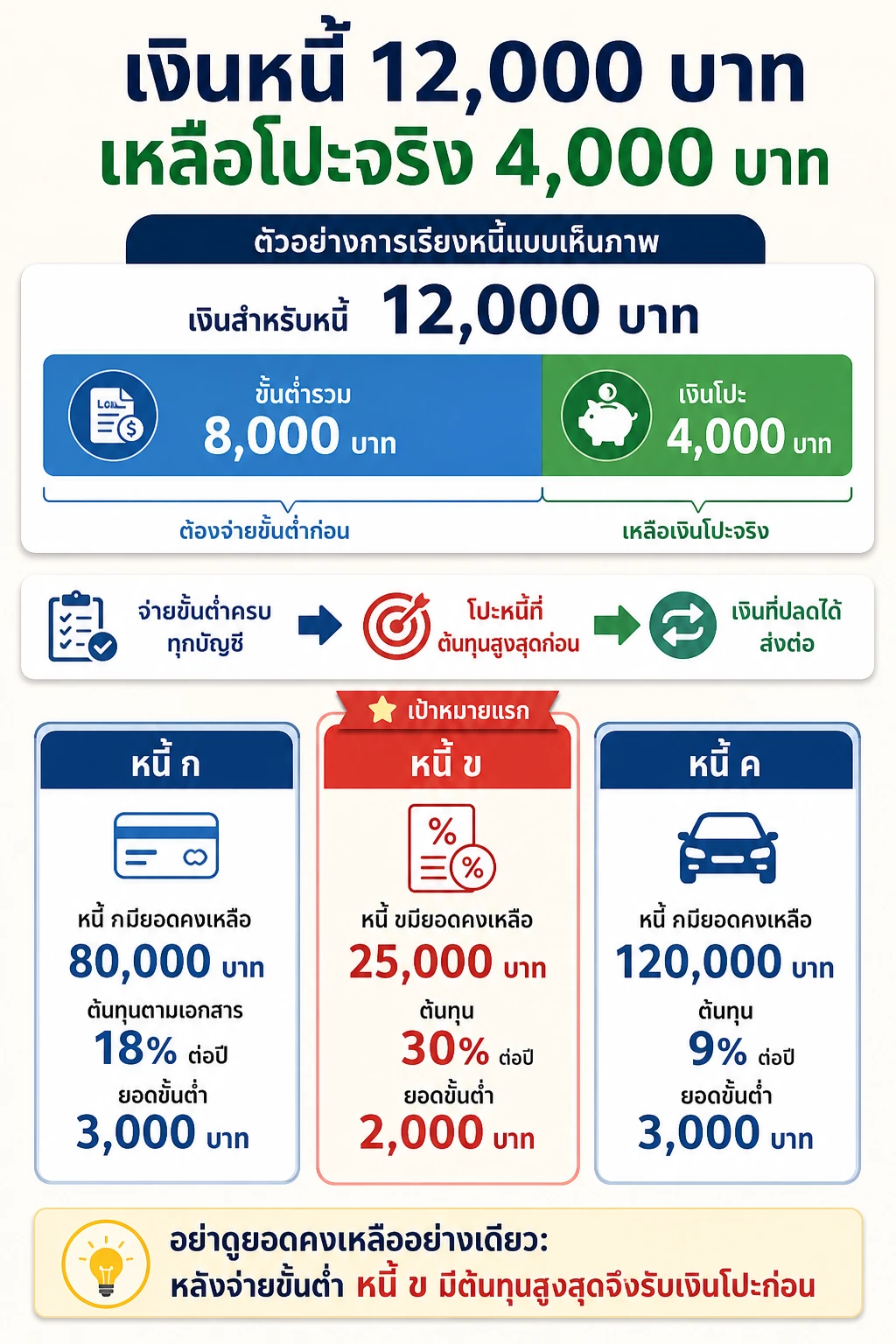 วิธีปลดหนี้ — แถบงบประมาณด้านบนแบ่ง 12,000 เป็นขั้นต่ำรวม 8,000 และเงินโปะ 4,000 ตัวอย่างการเรียงหนี้แบบเห็นภา