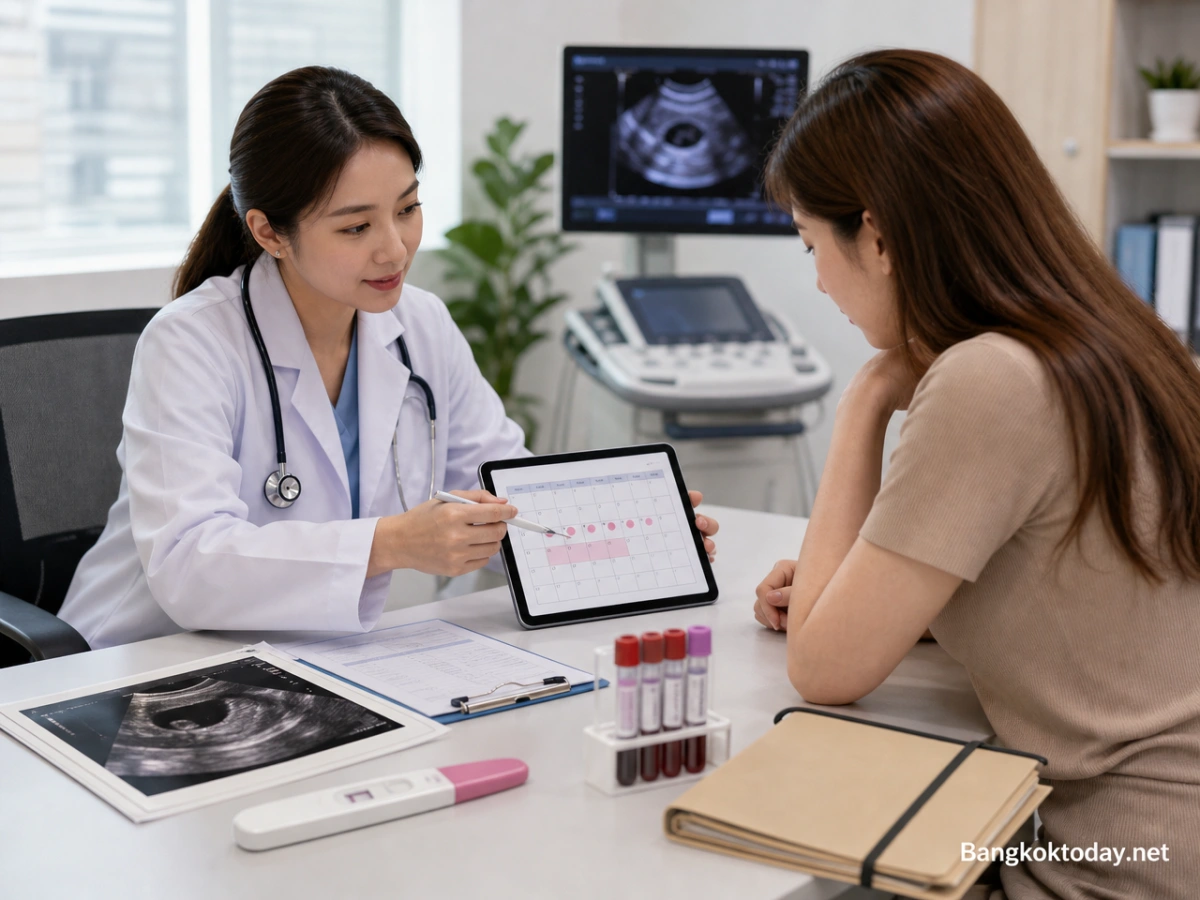 สื่อบริบทการประเมิน PCOS ที่แพทย์พิจารณาประวัติรอบเดือน อาการ โอกาสตั้งครรภ์ ผลตรวจ และอัลตราซาวด์ร่วมกัน พร้อมแยกสาเหตุอื่นก่อนวินิจฉัย